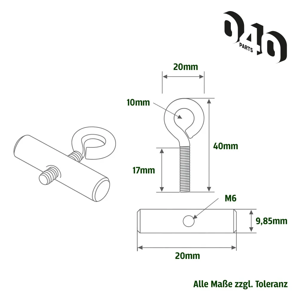 040parts Kederstopper Set 10mm s kroužkovou šroubem 20mm šírka M6 závit Kederstone pro markýzy obytný vůz karavan van