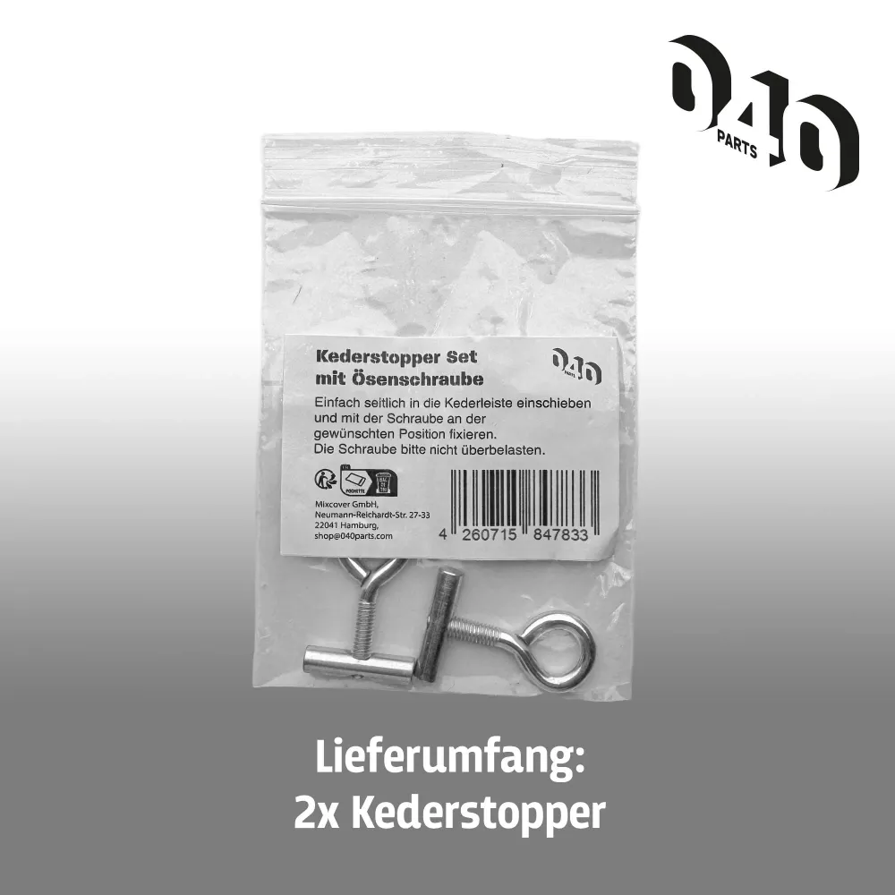 040parts Kederstopper Set 10mm s kroužkovou šroubem 20mm šírka M6 závit Kederstone pro markýzy obytný vůz karavan van