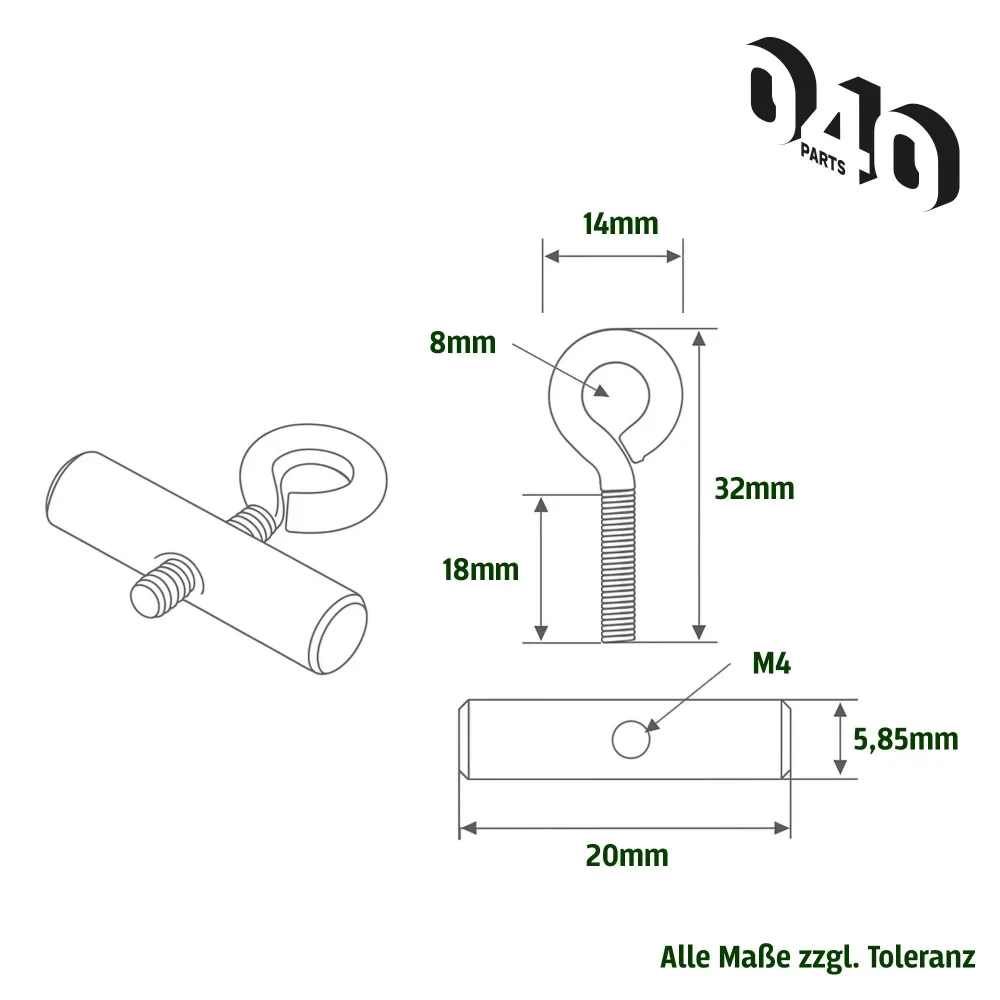 040parts Kederstopper Set 6mm s očkem 20mm šířka M4 závit Kederstone pro markýzy obytný vůz karavan dodávka